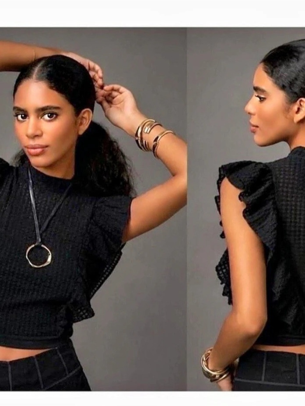 Maeve Ruffle Mock Neck Tie Back Top Black Blouse